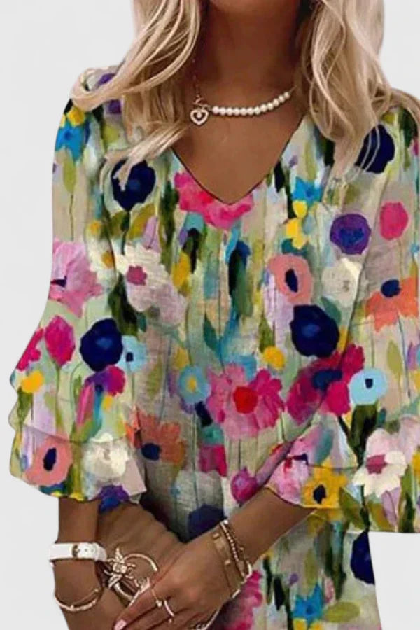 Minikleid mit V-Ausschnitt und Blumenmuster - Ansicht 3