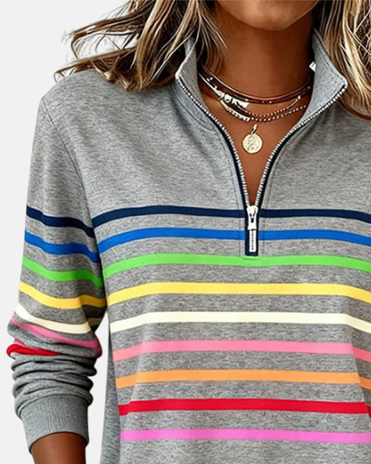 Sweatshirt mit Stehkragen und Reissverschluss und Streifenmuster - Ansicht 2