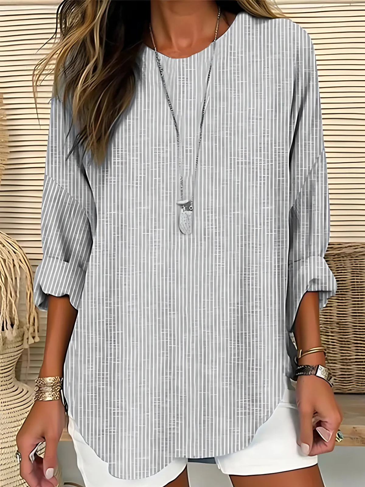 Bluse mit Rundhalsausschnitt und Streifenmuster - Ansicht 3