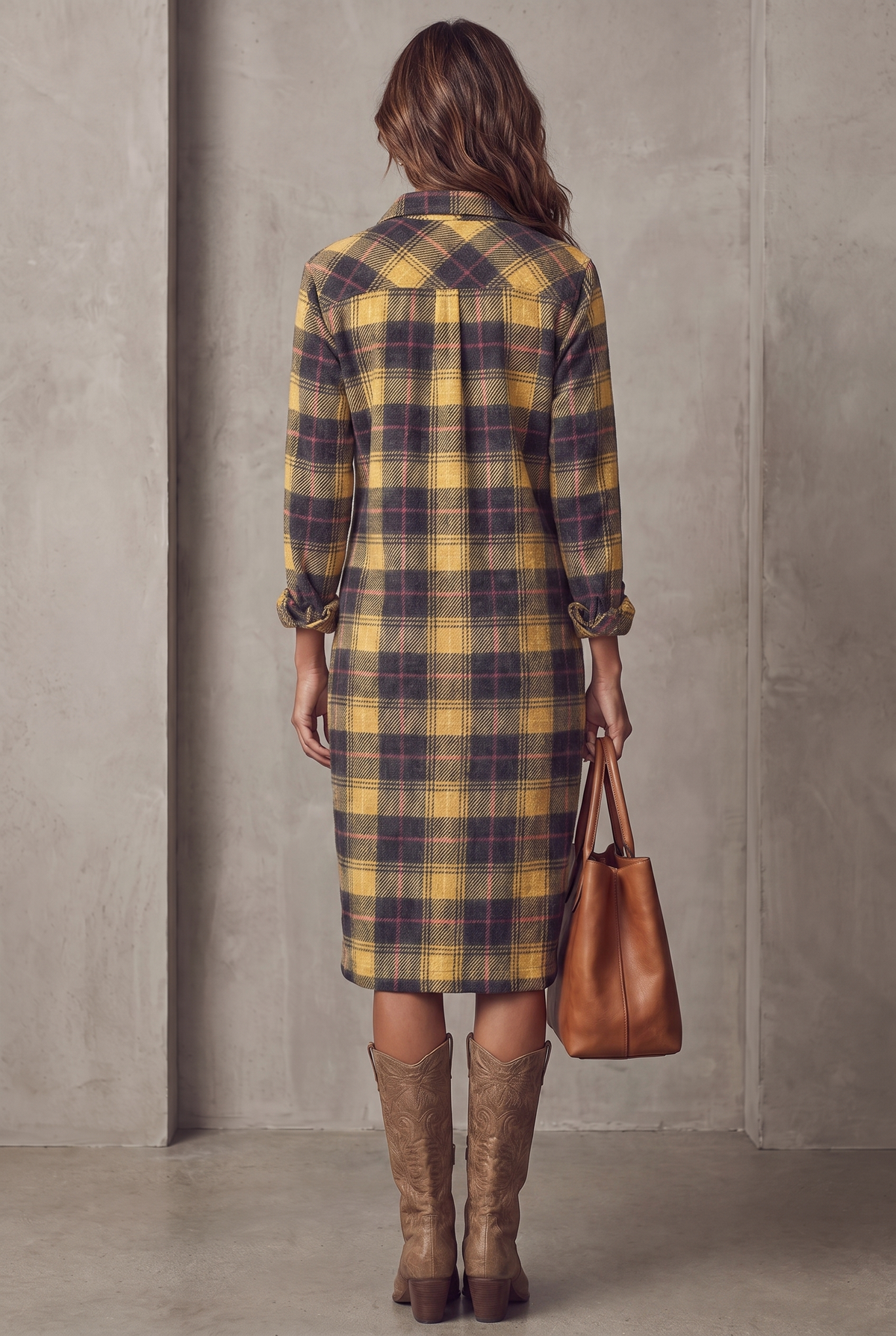 Midikleid aus Flanell mit Karomuster und Langarm - Ansicht 2