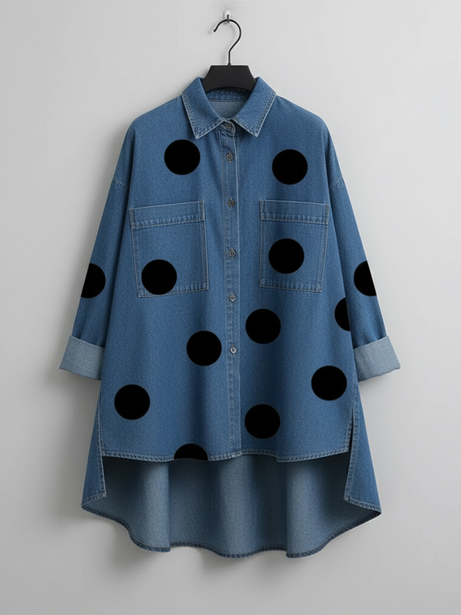 Top aus Denim mit Punktemuster und Langarm - Ansicht 7