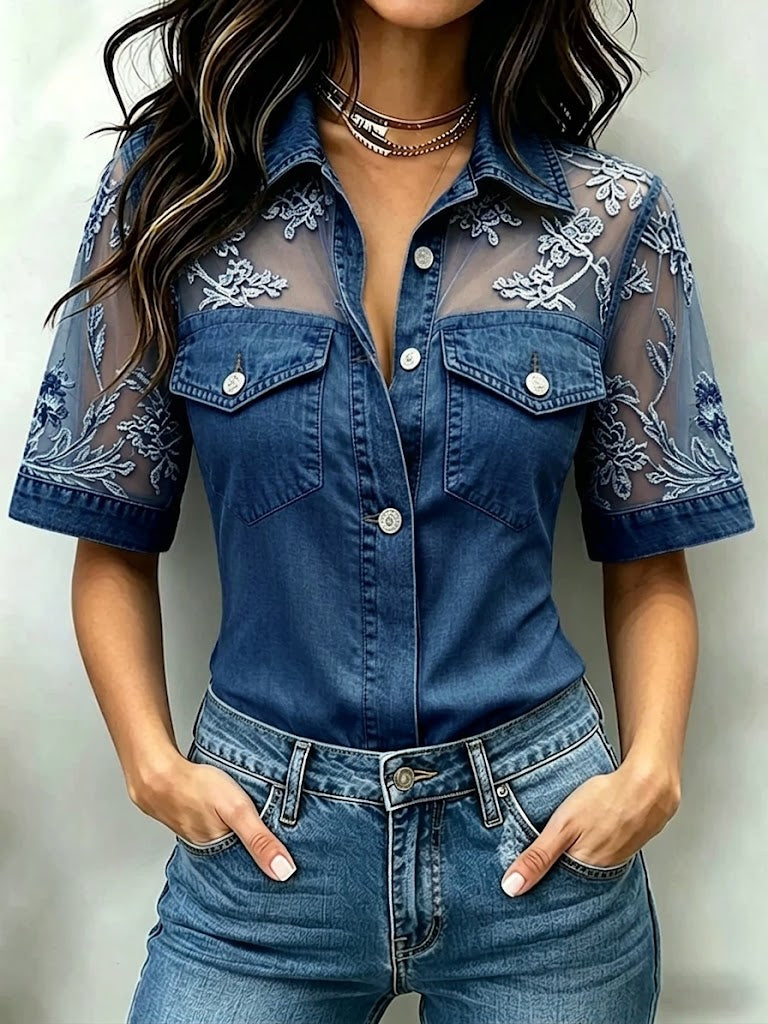 Hemdbluse aus Denim mit Spitzendetails und Kurzarm in kurzer Form - Ansicht 3