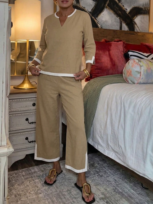 Stoffhose aus Baumwolle mit V-Ausschnitt und Gummizug und Taschen - Ansicht 2