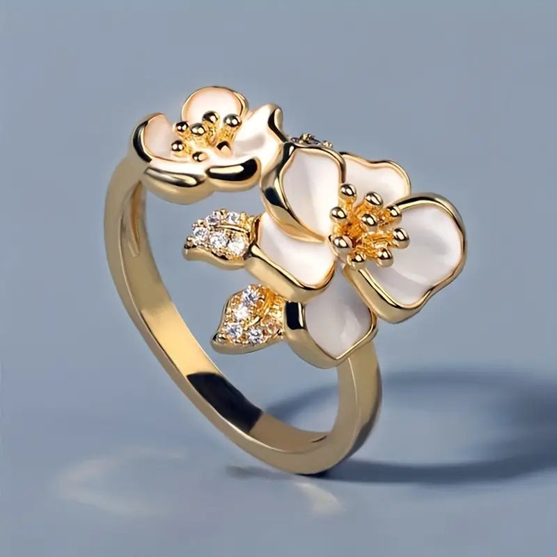 Vintage Weiße Emaille Blume Gold Ring