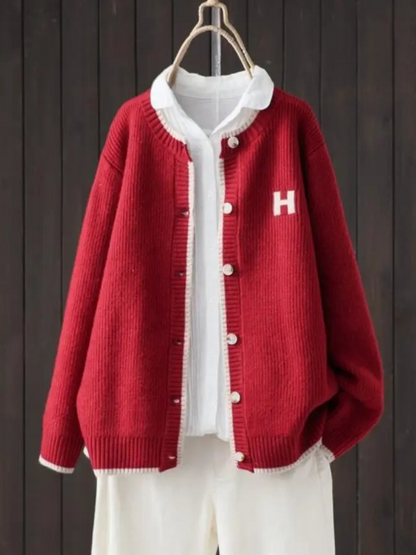 Strickjacke in Rot und Khaki - Ansicht 2