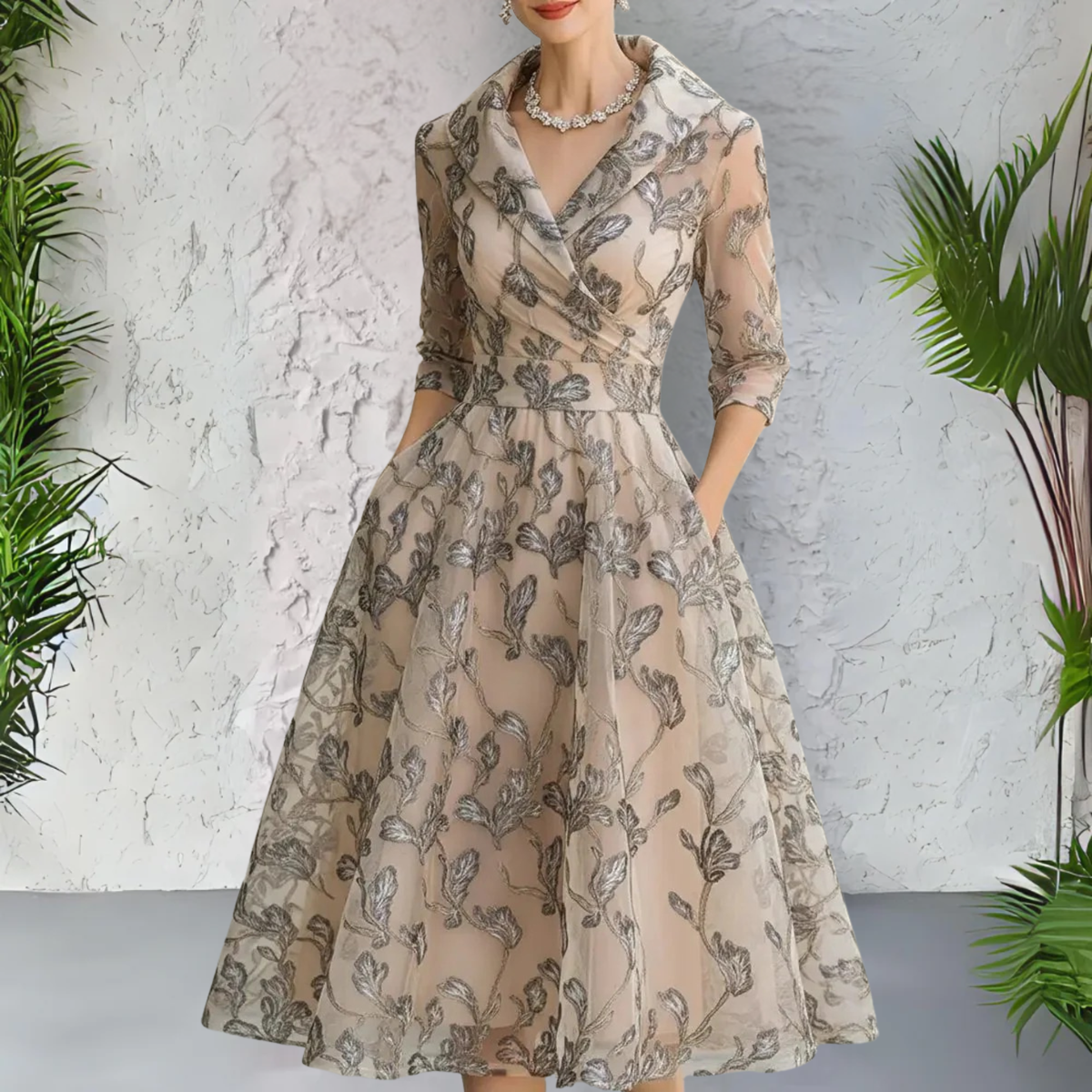 Kleid mit Wickeloptik und Langarm in Midilänge