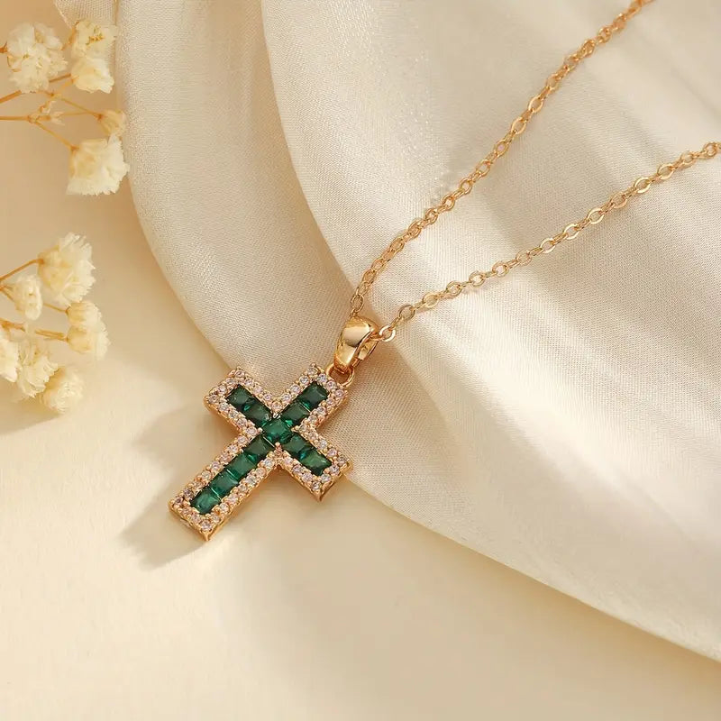 Solene Smaragd-Kreuz Anhänger Halskette | Gold