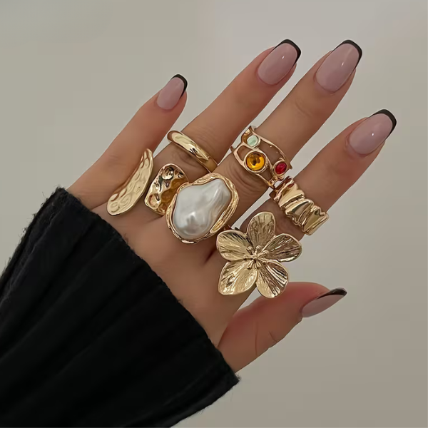 6-teiliges goldenes Barockperlen-Ring-Set