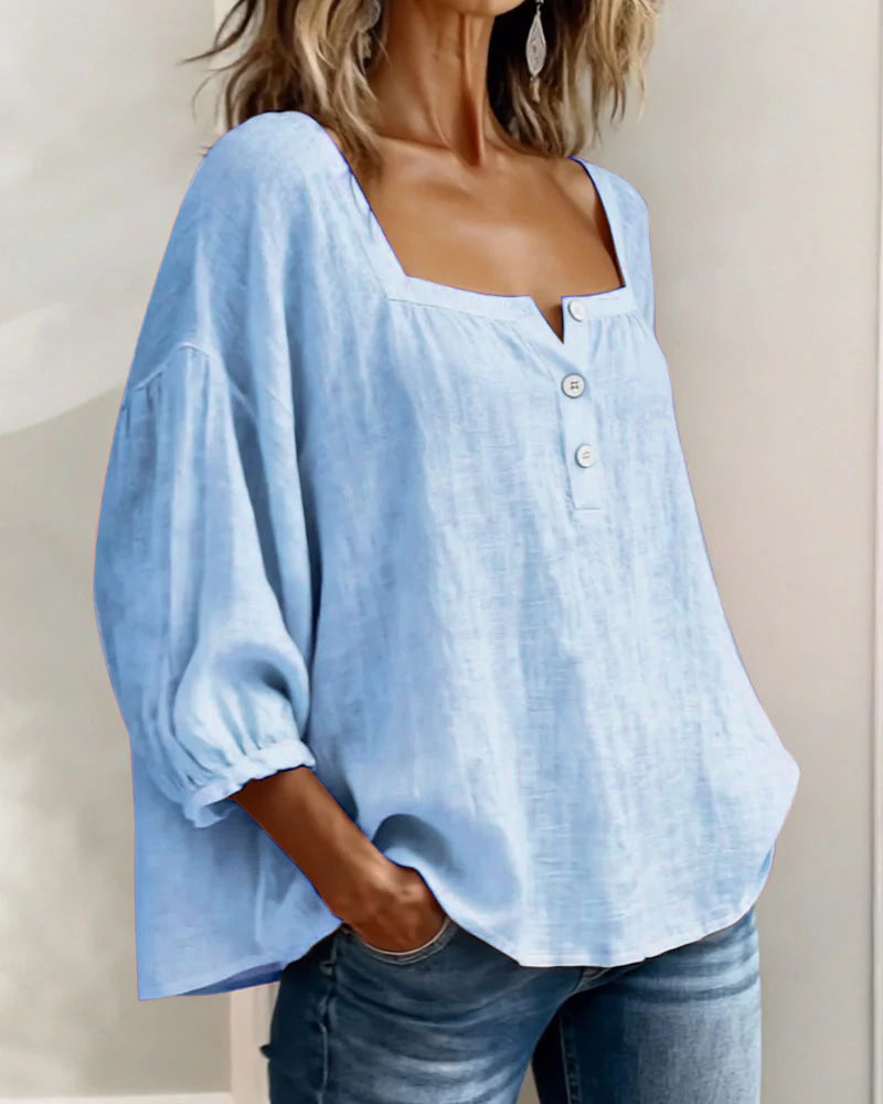 Bluse mit Karree-Ausschnitt und Knopfleiste und Puffärmeln - Ansicht 9