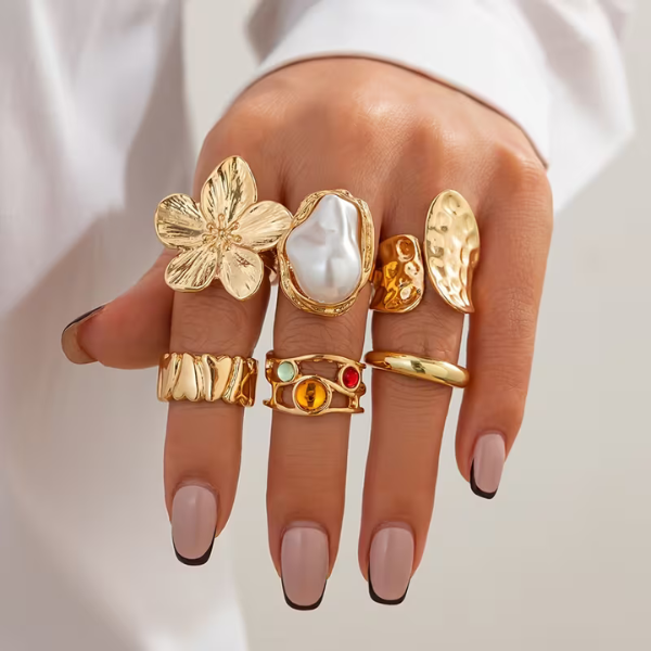 6-teiliges goldenes Barockperlen-Ring-Set