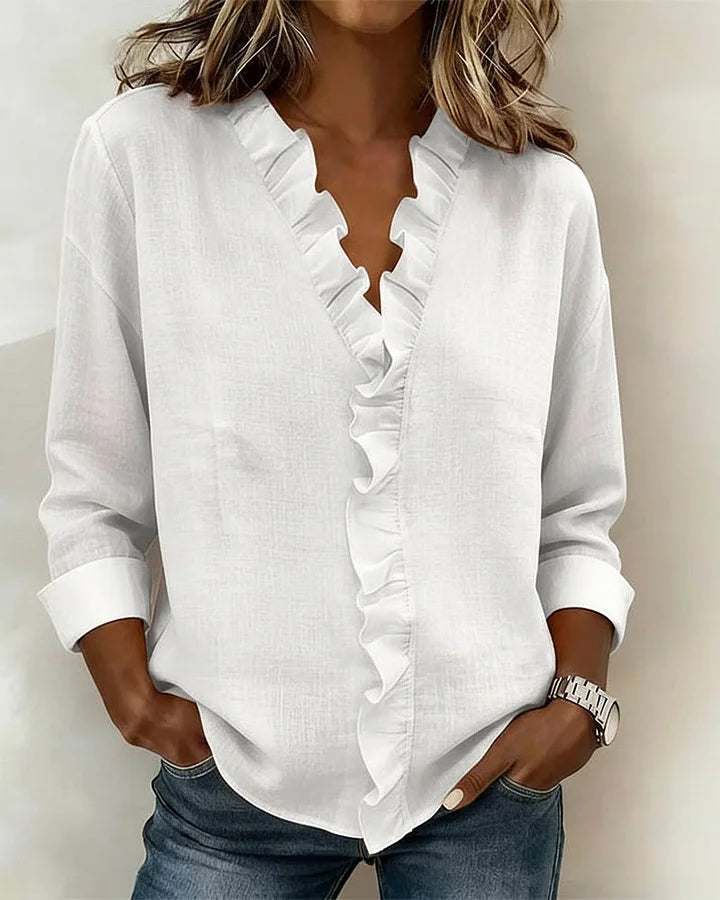 Bluse mit V-Ausschnitt und Rüschen und Langarm - Ansicht 2