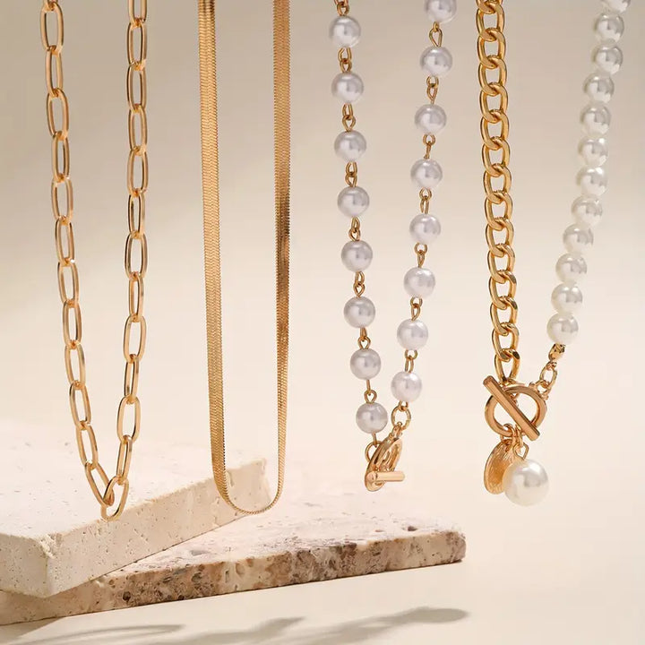 Schlangenkette Halskette mit Vintage Perlen-Set | Gold