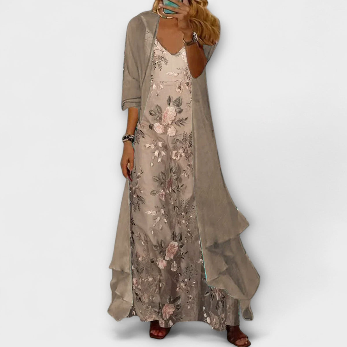 Maxikleid in Blau und Beige
