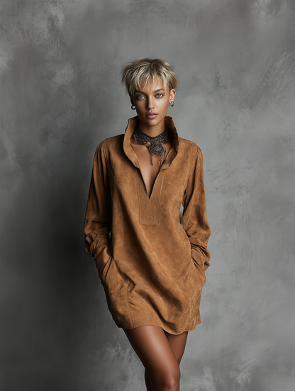 Kleid mit V-Ausschnitt und Langarm in langer Form - Ansicht 2