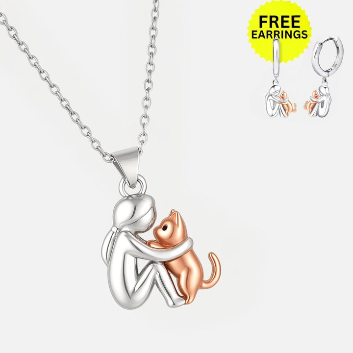 Katzen Umarmung Anhänger Halskette mit Ohrringen Geschenk