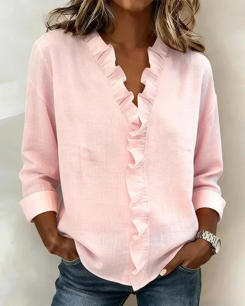 Bluse mit V-Ausschnitt und Rüschen und Langarm