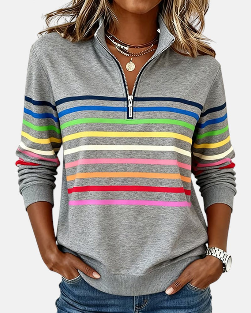 Sweatshirt mit Stehkragen und Reissverschluss und Streifenmuster