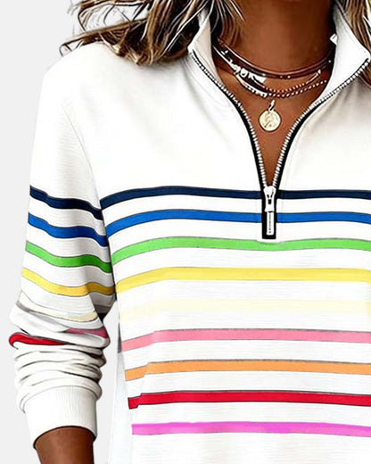 Sweatshirt mit Stehkragen und Reissverschluss und Streifenmuster - Ansicht 8