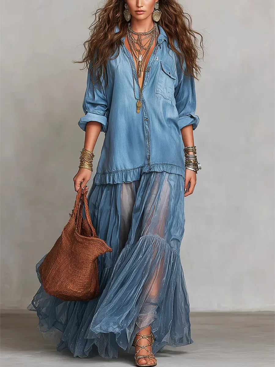 Maxikleid aus Denim mit Reverskragen und Patchwork und Langarm - Ansicht 2