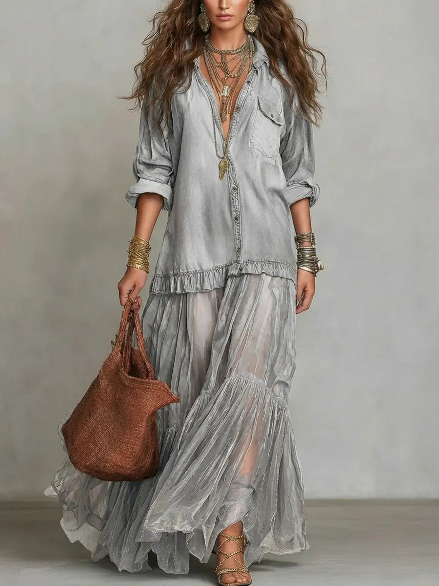 Maxikleid aus Denim mit Reverskragen und Patchwork und Langarm