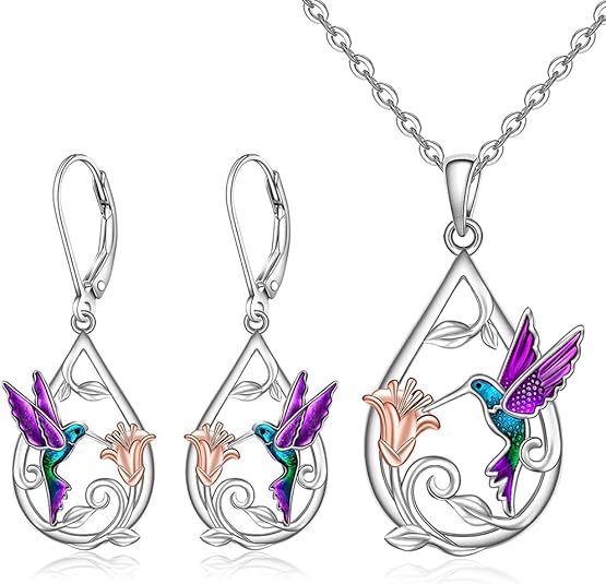 Schöner Kolibri Halskette für Frauen mit Ohrringen Geschenk