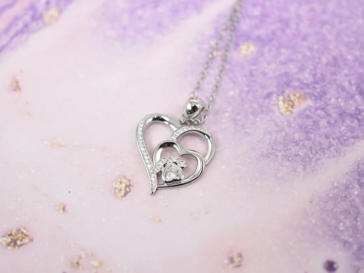 Pfoten und Herz Halskette in Sterlingsilber mit Zirkonia