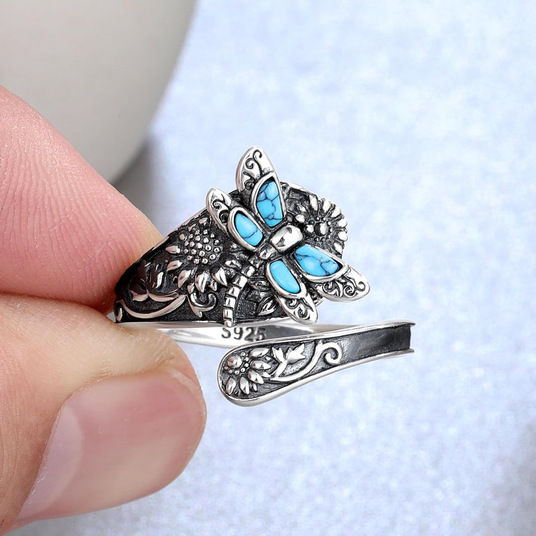 Vintage Boho Löffelring in Sterlingsilber mit Türkis und Libelle