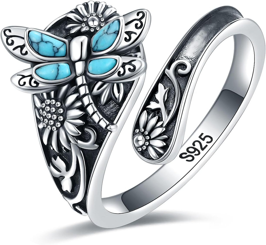 Vintage Boho Löffelring in Sterlingsilber mit Türkis und Libelle
