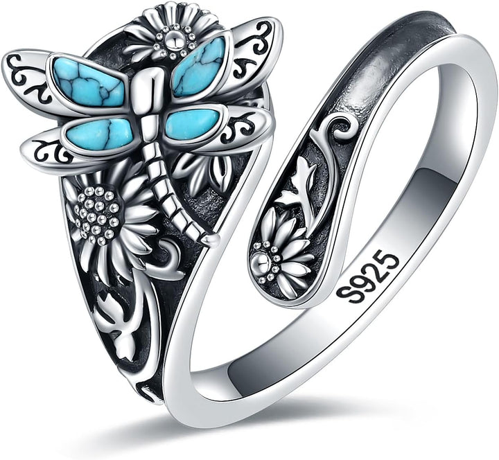 Vintage Boho Löffelring in Sterlingsilber mit Türkis und Libelle