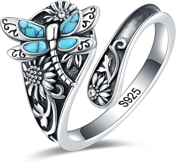 Vintage Boho Löffelring in Sterlingsilber mit Türkis und Libelle