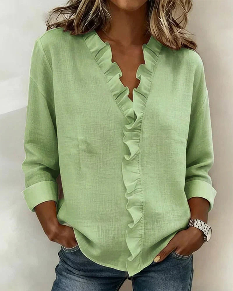 Bluse mit V-Ausschnitt und Rüschen und Langarm - Ansicht 3