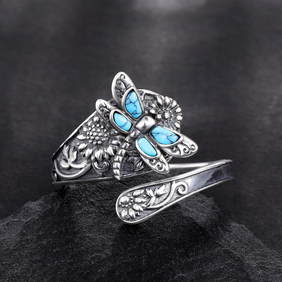 Vintage Boho Löffelring in Sterlingsilber mit Türkis und Libelle