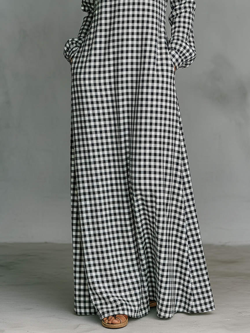 Maxikleid aus Baumwolle mit V-Ausschnitt und Karomuster und Langarm - Ansicht 3