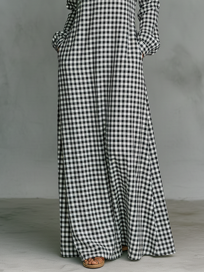 Maxikleid aus Baumwolle mit V-Ausschnitt und Karomuster und Langarm - Ansicht 3