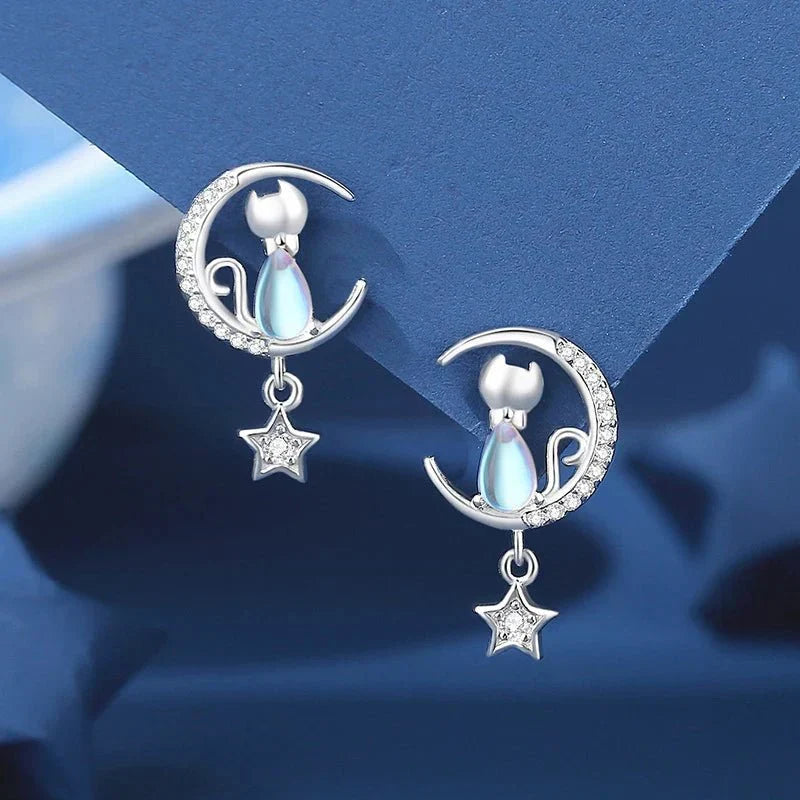 925 Sterlingsilber Mond & Stern Katzen Ohrringe mit Zirkonia