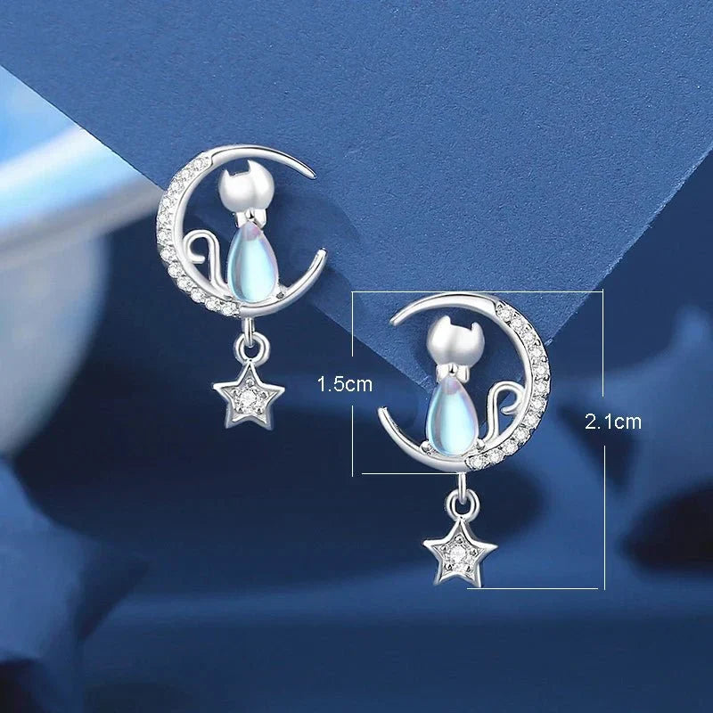 925 Sterlingsilber Mond & Stern Katzen Ohrringe mit Zirkonia