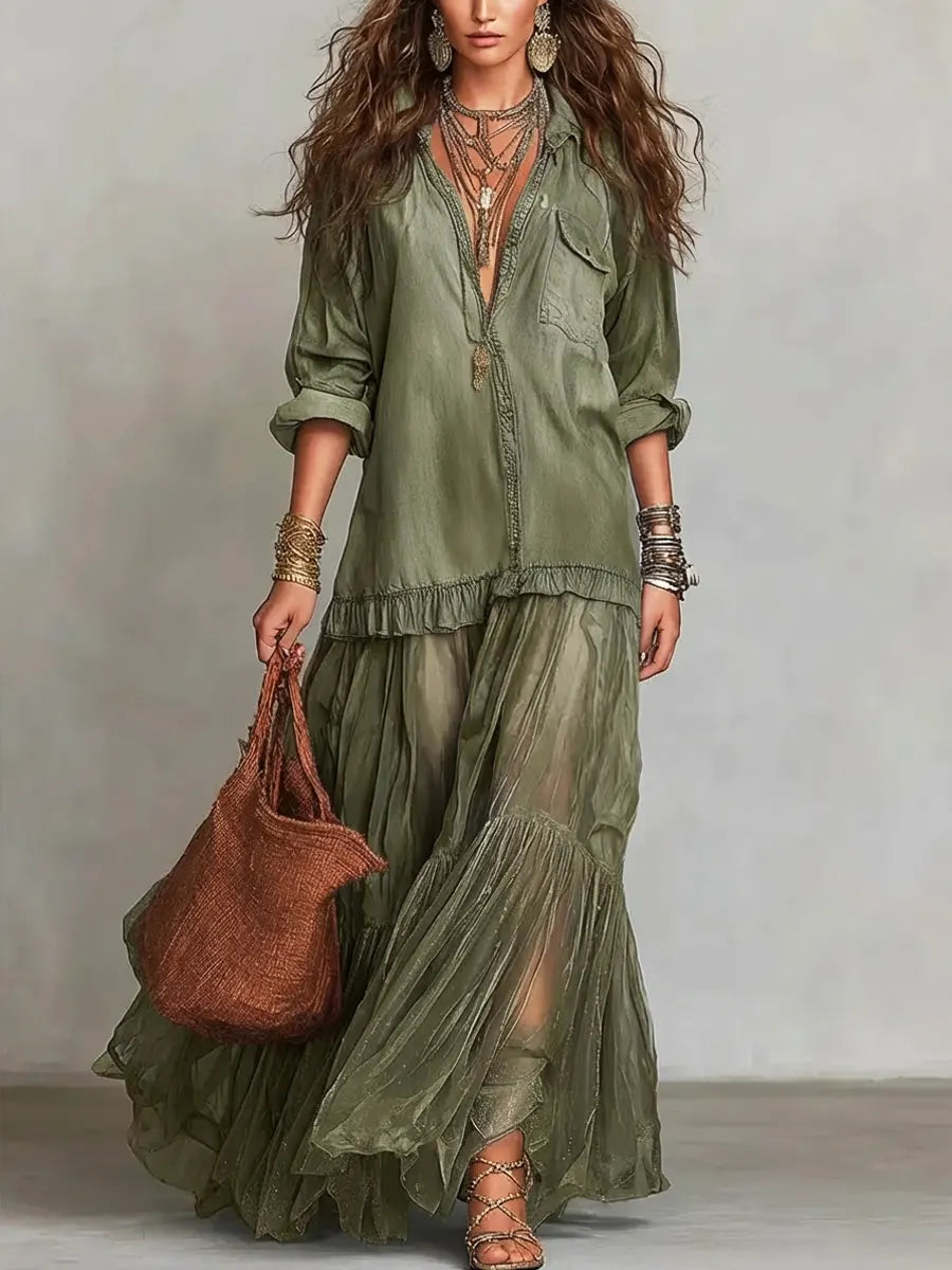 Maxikleid aus Denim mit Reverskragen und Patchwork und Langarm - Ansicht 5