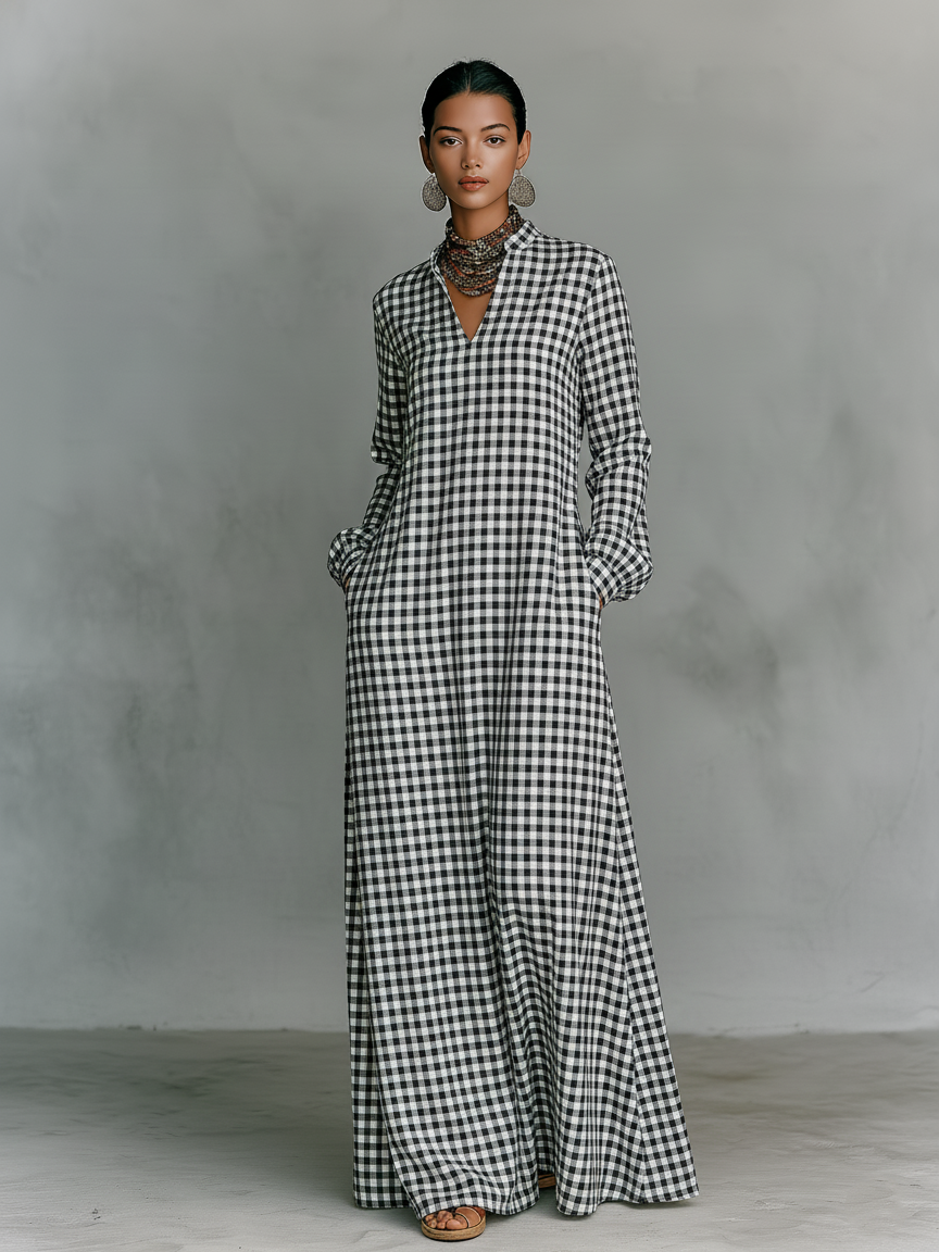 Maxikleid aus Baumwolle mit V-Ausschnitt und Karomuster und Langarm - Ansicht 4