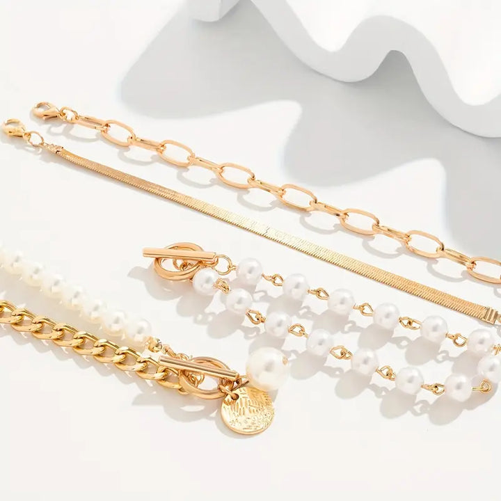 Armband-Set Chic Gold 4-teilig - Schlange, Perlen und Glieder | Gold