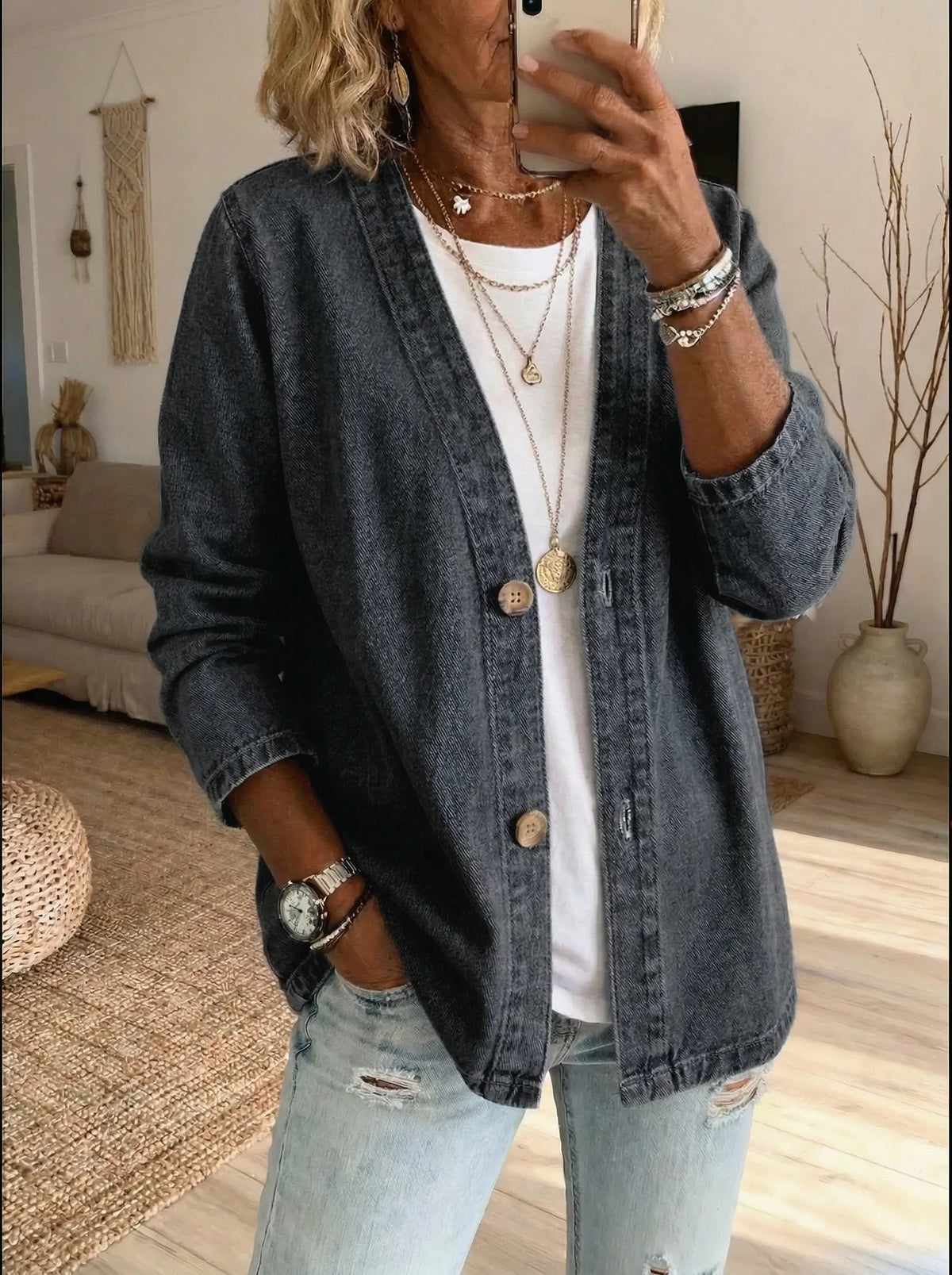 Strickjacke aus Denim mit Knopfleiste - Ansicht 4
