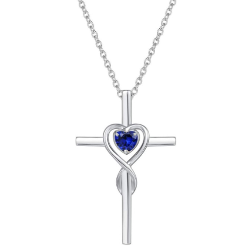 Collier Cœur Saphir et Croix | Or blanc