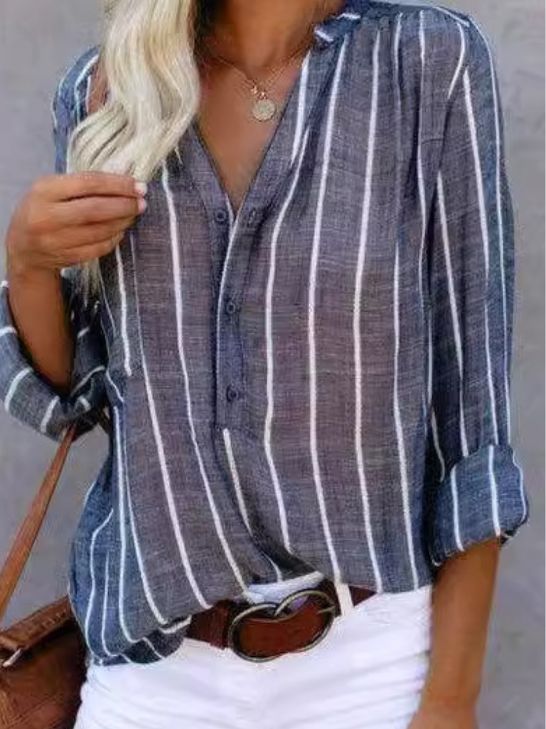 Bluse mit Knopfleiste und Streifenmuster - Ansicht 3