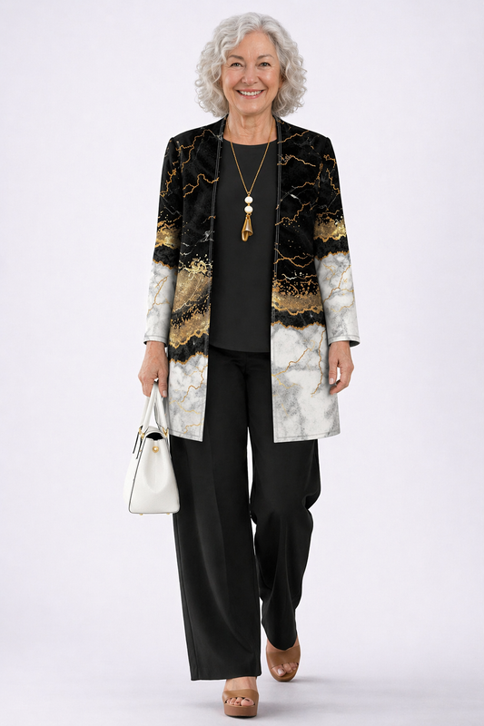 Zweiteiler mit Rundhalsausschnitt und Langarm in Black & Gold Marble