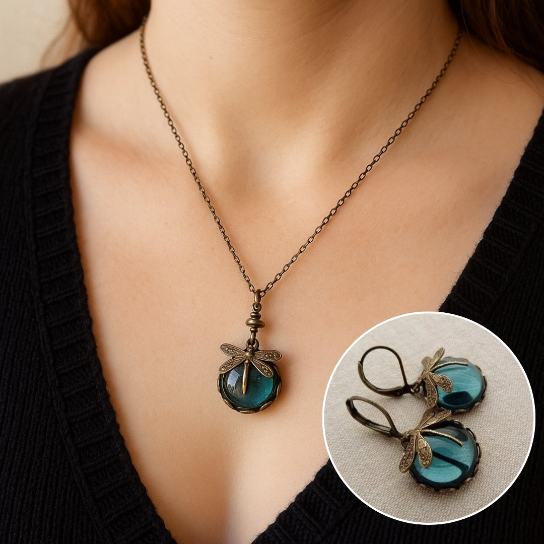 Schöne Vintage Libellen Halskette mit Ohrringen Geschenk