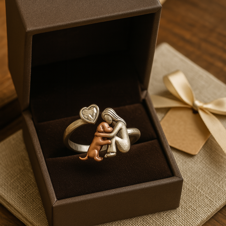 Handgefertigter Hund Ring in 925 Sterlingsilber mit herzförmiger Zirkonia