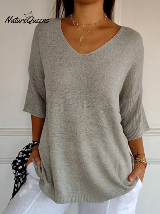 Strickpullover mit V-Ausschnitt und 3/4-Ärmeln