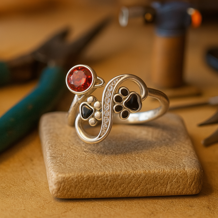 Schwarzer Pfotenabdruck verstellbarer Ring mit roter Gemme