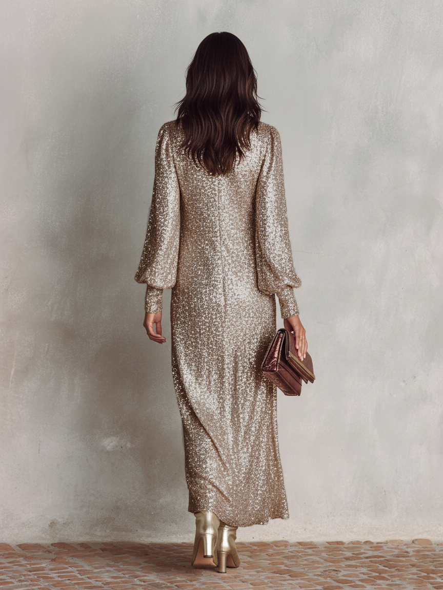 Maxikleid aus Polyester mit V-Ausschnitt und Langarm - Ansicht 6