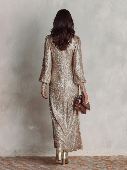 Maxikleid aus Polyester mit V-Ausschnitt und Langarm - Ansicht 6