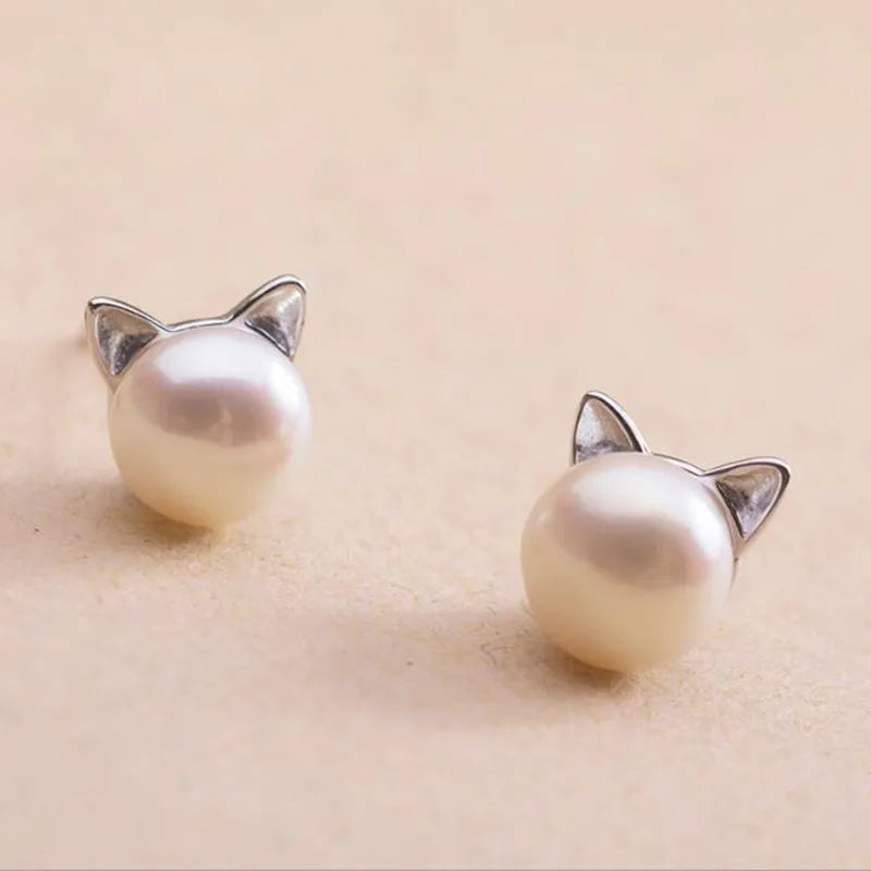 Katzen Ohrstecker in Sterlingsilber mit Perle